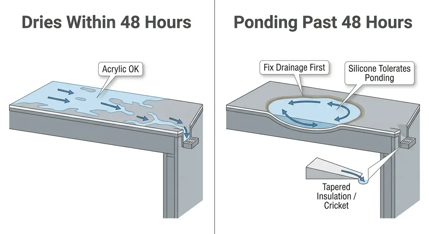 Two-panel diagram showing a roof that dries within 48 hours versus ponding past 48 hours and the recommended action