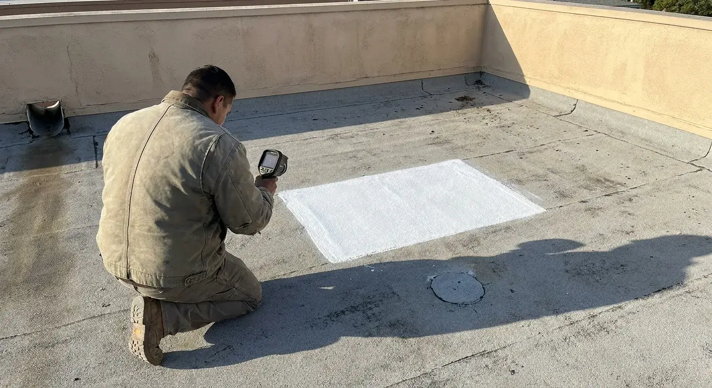 Technician uses a thermal camera beside a white coating test patch and a covered core-sample spot on a low-slope roof