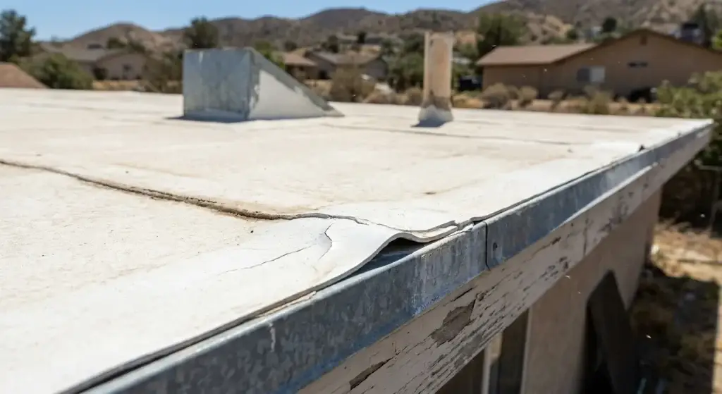 Roof edge where white acrylic coating meets metal drip edge above fascia, showing early lifting and hairline cracking.