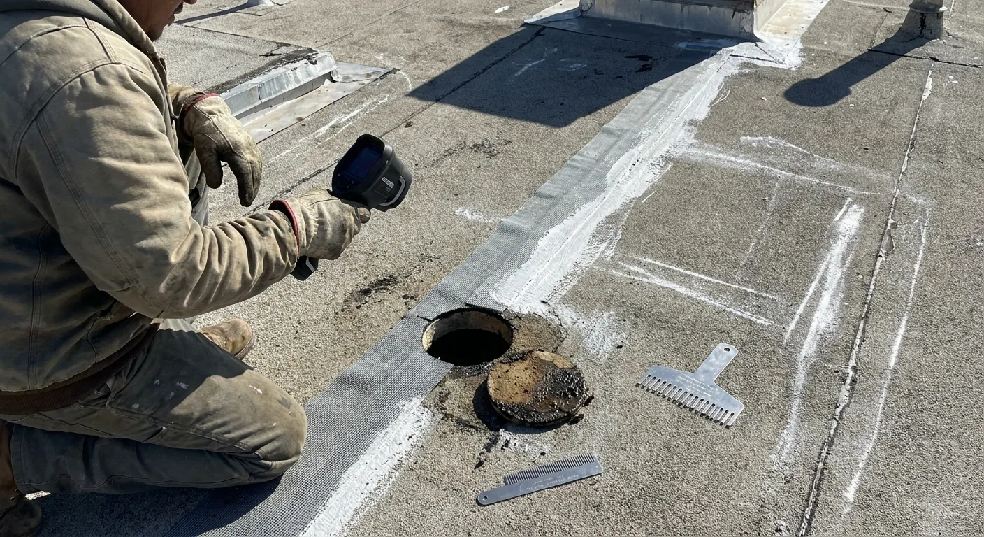 Rooftop moisture confirmation with a small core cut beside a reinforced seam under white acrylic coating.