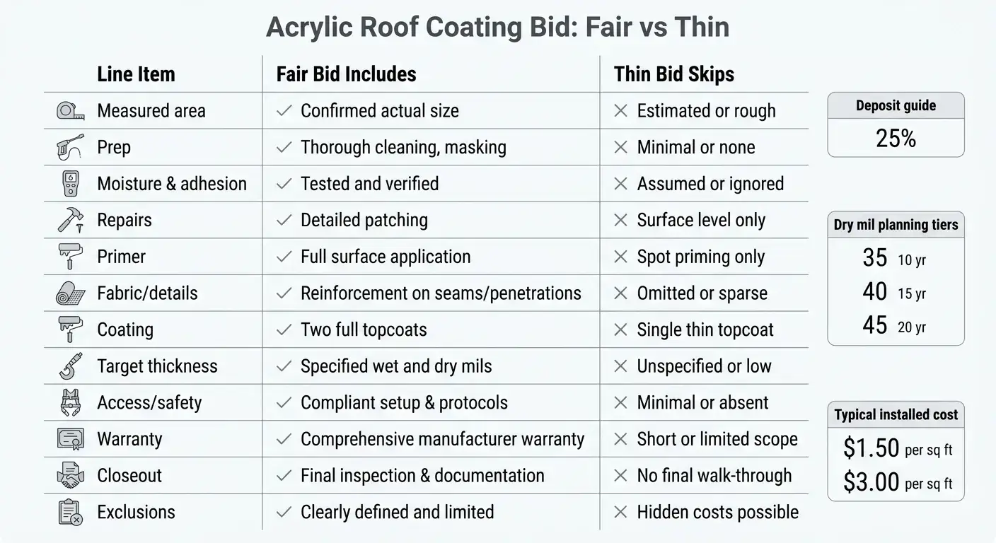 Comparison table showing fair bid line items versus thin bid omissions for acrylic roof coating jobs.