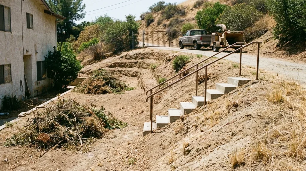 Worker trimming vegetation on a steep Los Angeles hillside lot with cut brush piled near steps and a truck staged above