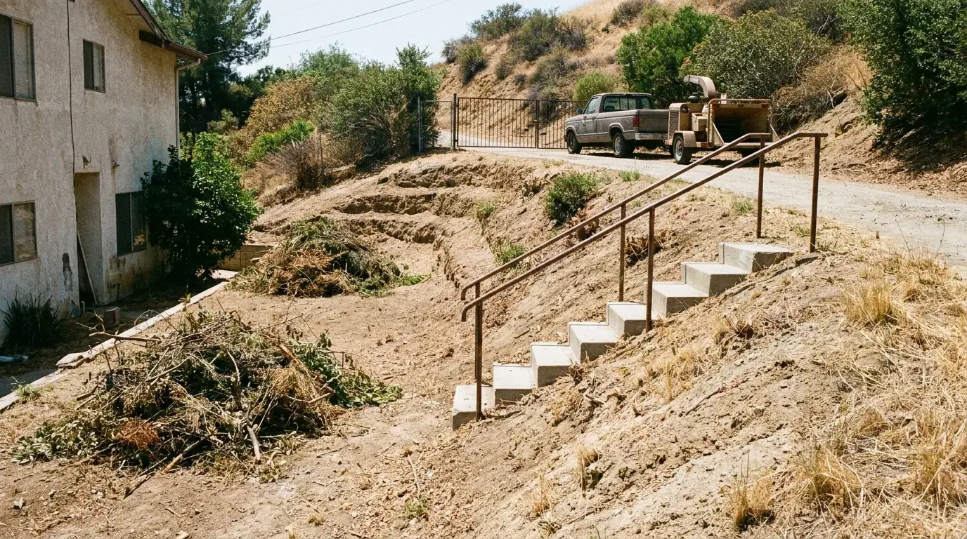 Worker trimming vegetation on a steep Los Angeles hillside lot with cut brush piled near steps and a truck staged above