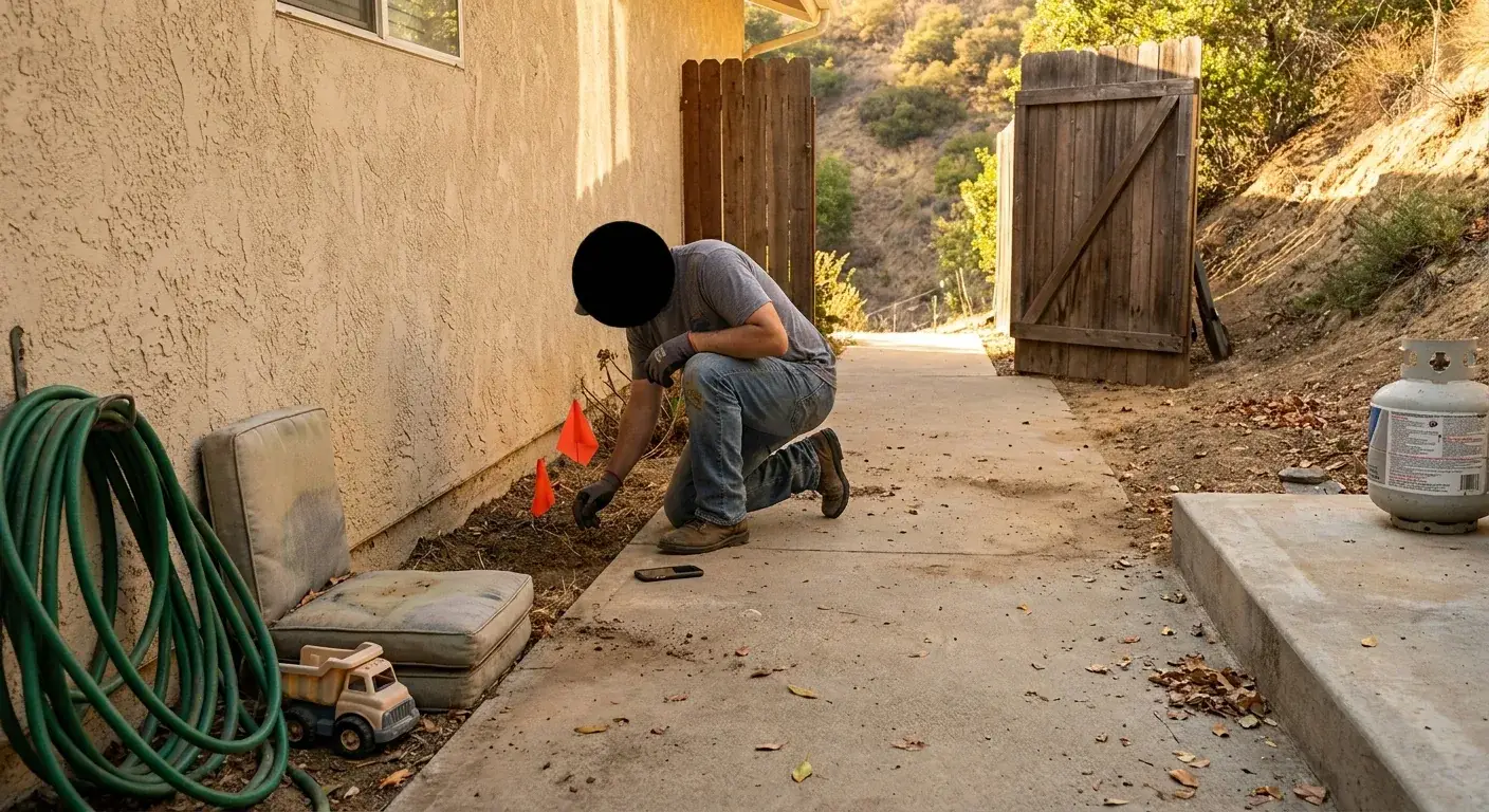 Homeowner clears access and flags irrigation along a stucco side yard with an open gate leading to a brushy slope