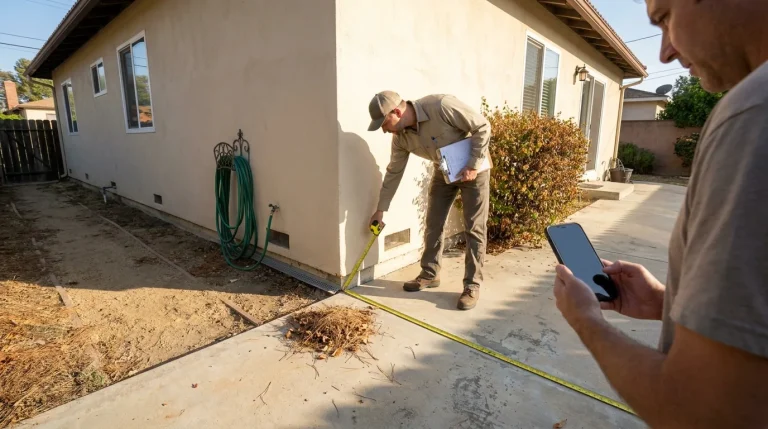 Inspector measures from a stucco wall while a homeowner photographs leaves and a shrub touching the siding.
