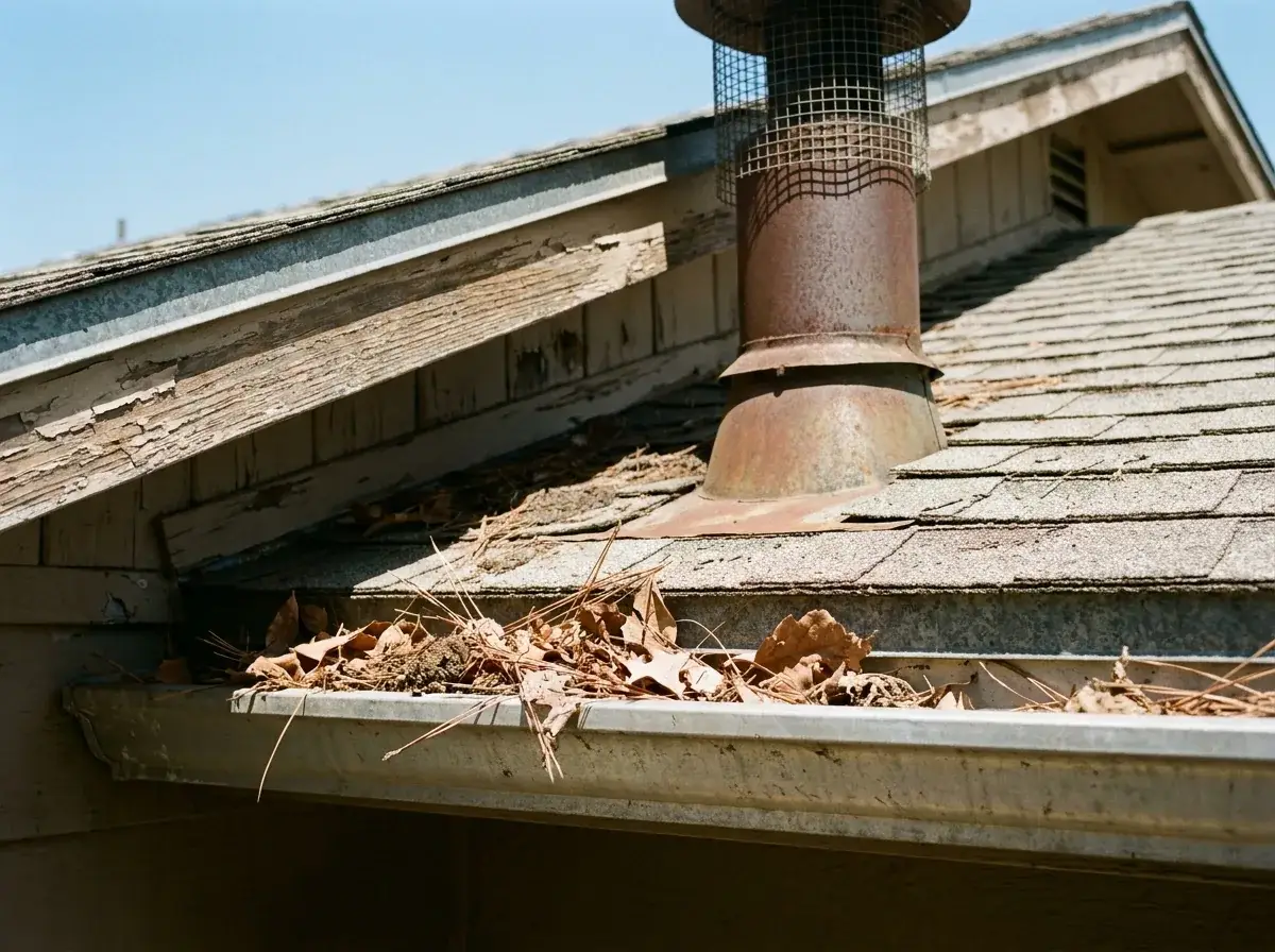 Worker clears packed gutter debris while a capped stovepipe with a spark arrestor is visible on the roof.
