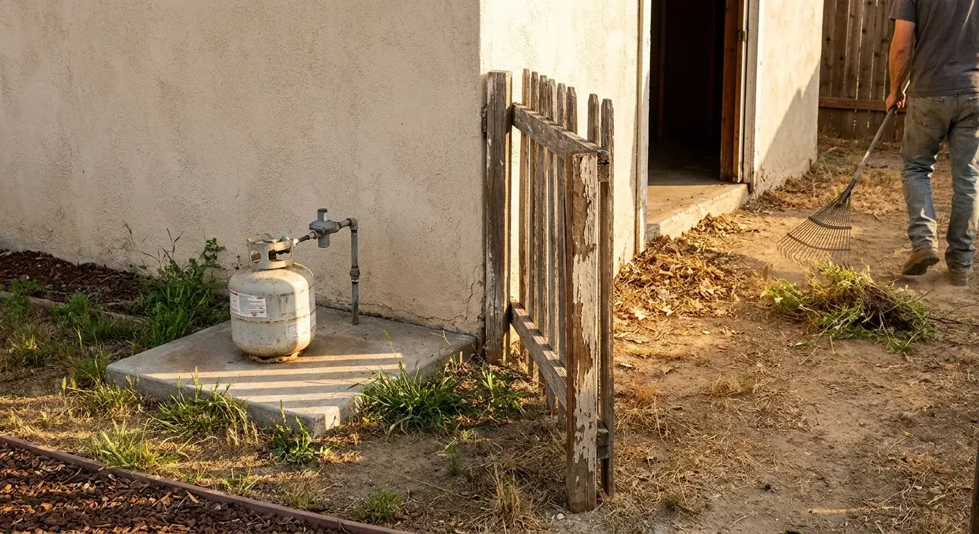 Propane tank with weeds at its base and a wood fence touching a stucco wall corner in a side yard.