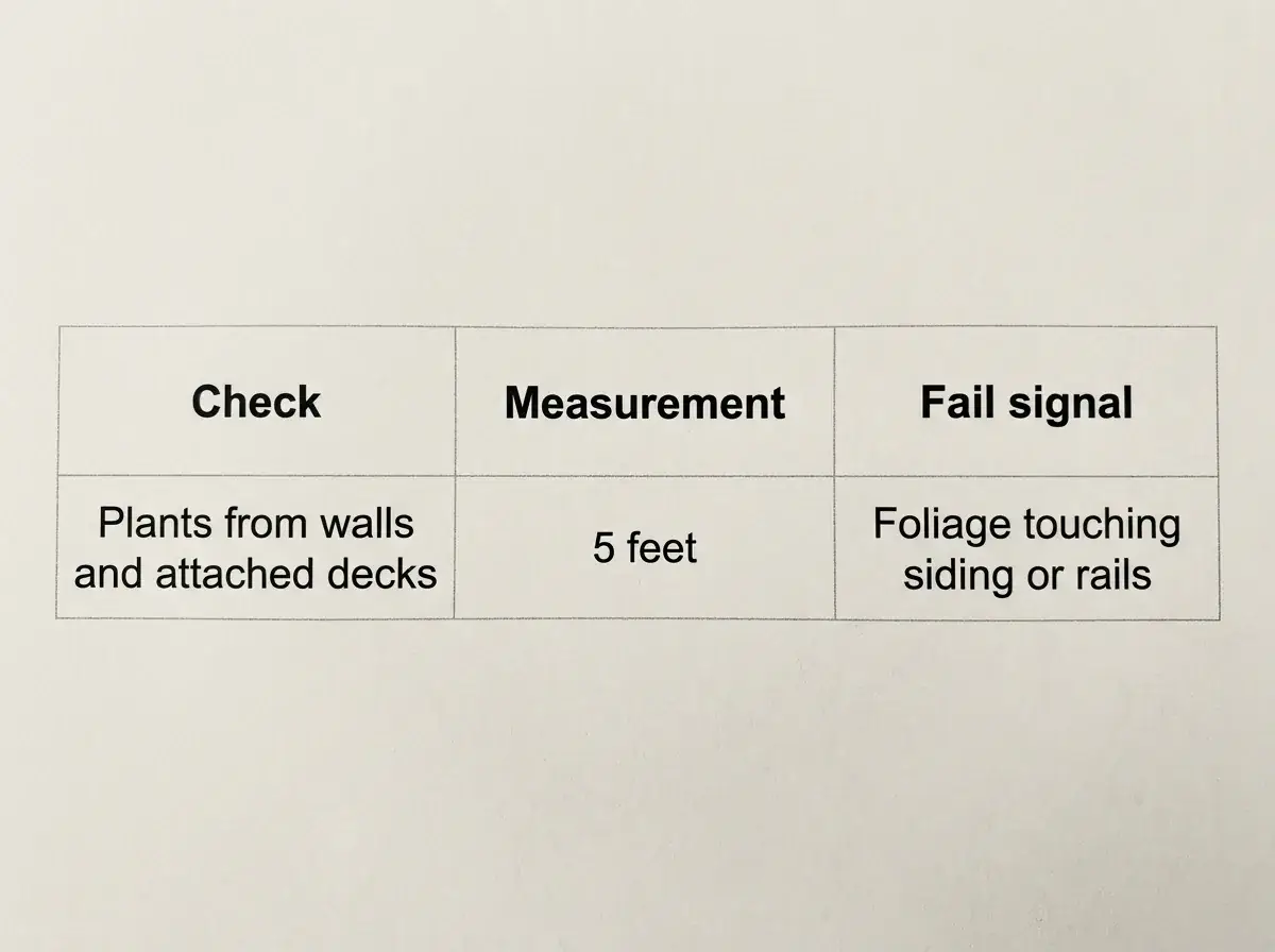 Table summarizing defensible space clearance measurements and their common fail signals.