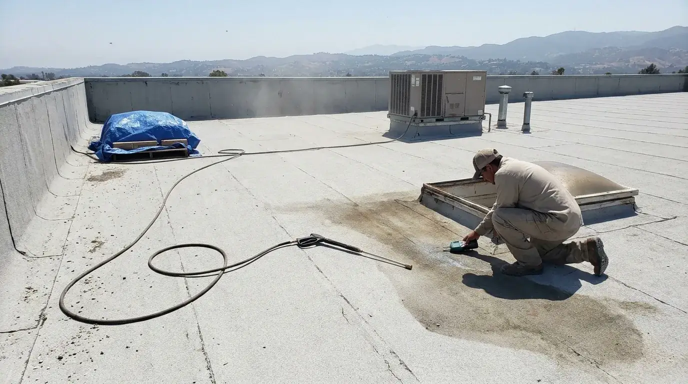 Worker checks roof dryness with a moisture meter on a Los Angeles area commercial flat roof before coating