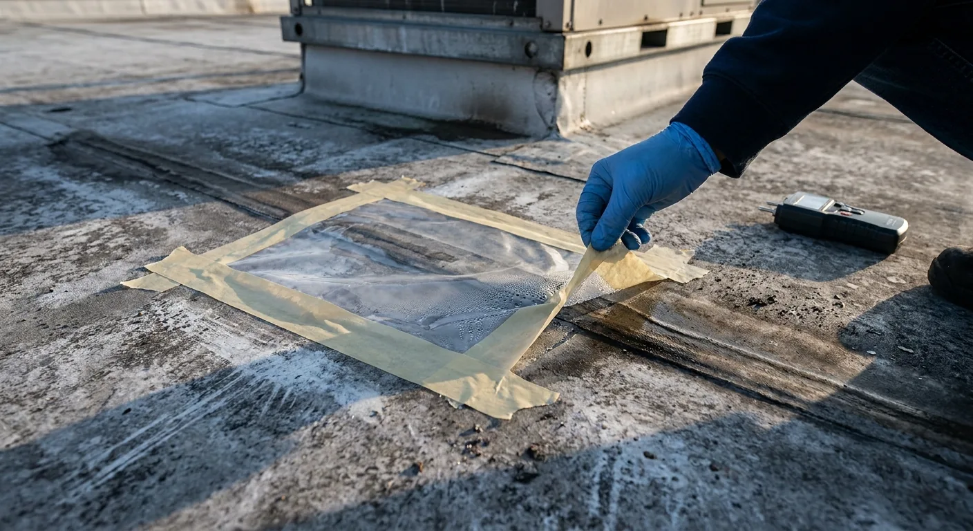 Condensation droplets under a taped plastic sheet reveal trapped moisture along a flat roof seam