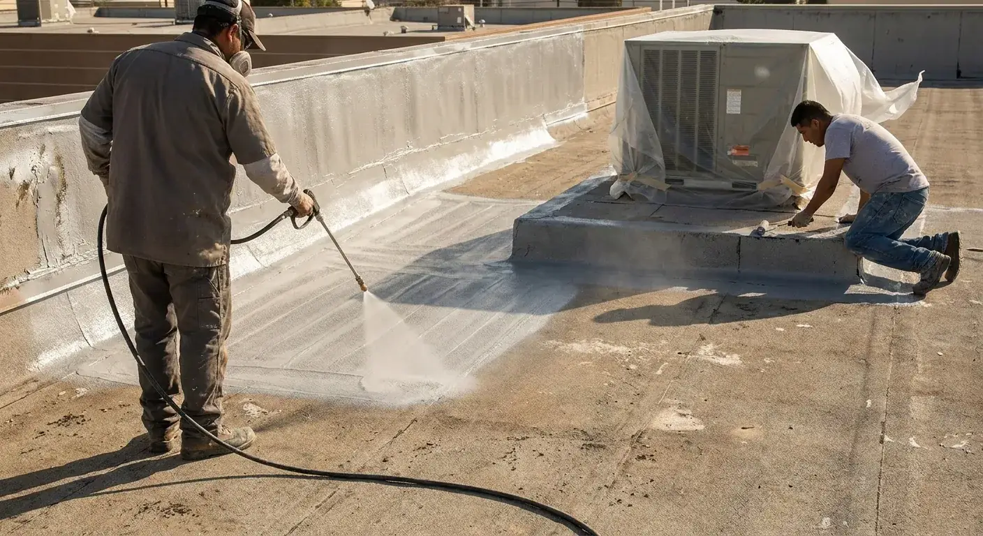 Two applicators coat a commercial flat roof, spraying the field while rolling tight edges around an HVAC curb