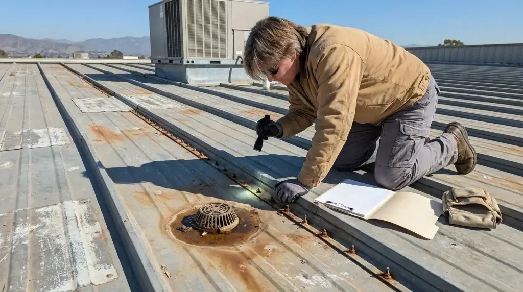 Engineer inspecting a seam and fasteners on a low-slope commercial metal roof near a roof drain.