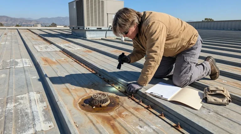 Engineer inspecting a seam and fasteners on a low-slope commercial metal roof near a roof drain.