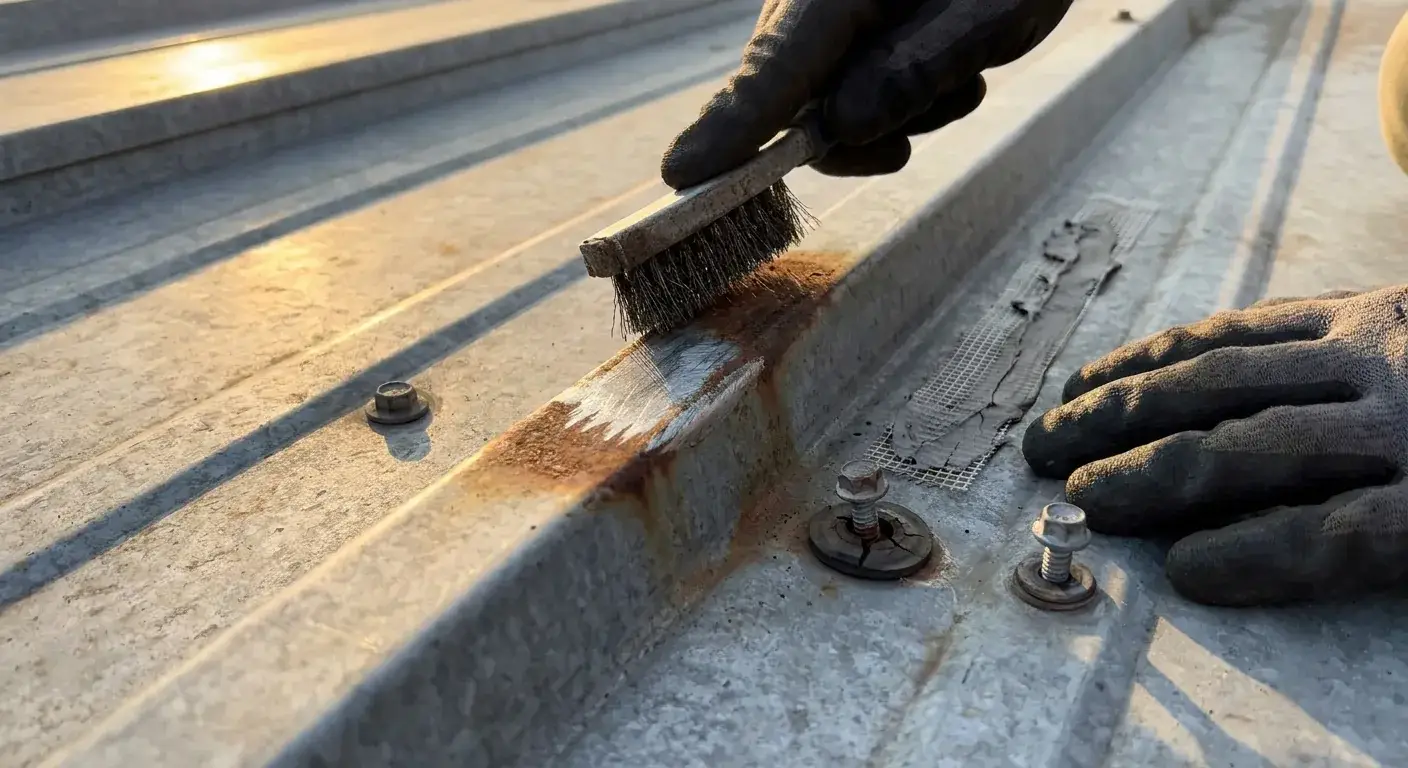 Close-up of rust, a panel seam with reinforcement, and exposed fasteners on a commercial metal roof.