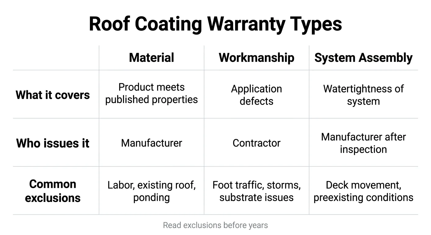 Table comparing material, workmanship, and system assembly roof coating warranties and typical exclusions.