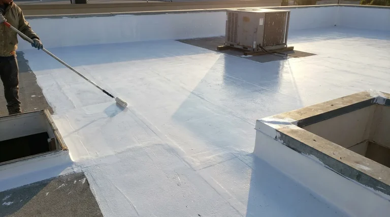 White-coated low-slope commercial roof with HVAC curb and parapet details in Southern California sun