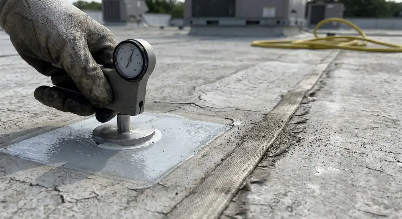 Adhesion pull test dolly and puller on a primed roof test patch beside a reinforced seam