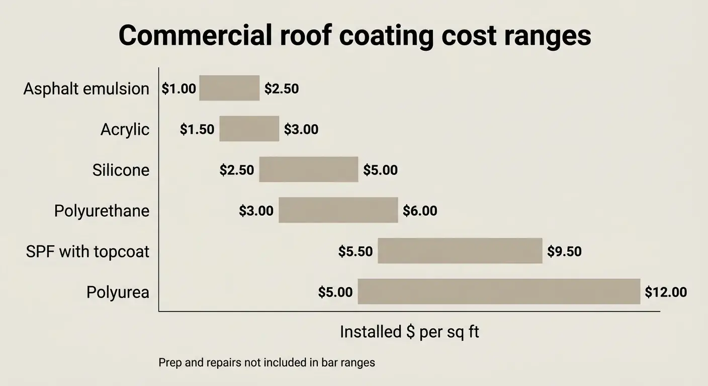 Range bar chart of installed commercial roof coating costs per square foot by system type