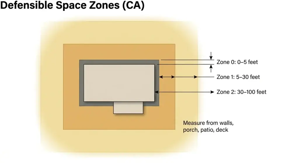 Top-down diagram showing Zone 0 (0–5 ft), Zone 1 (5–30 ft), and Zone 2 (30–100 ft) around a home.