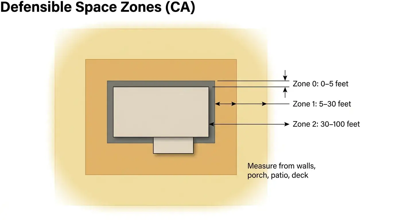 Top-down diagram showing Zone 0 (0–5 ft), Zone 1 (5–30 ft), and Zone 2 (30–100 ft) around a home.
