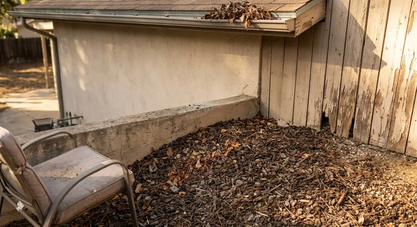 Zone 0 ember-trap details: mulch against stucco, leaves in gutter, and a wood fence touching the house.