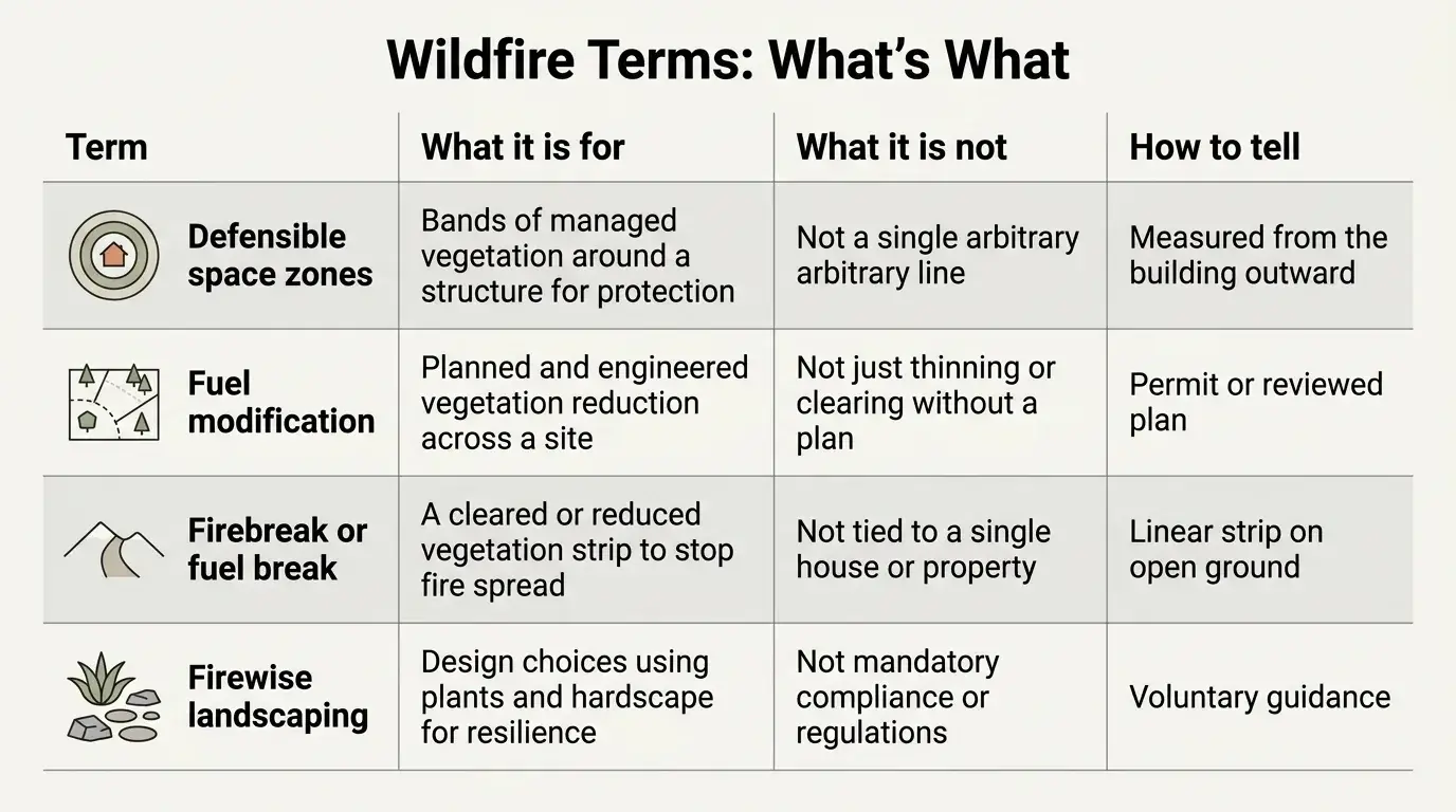 Comparison table distinguishing defensible space zones, fuel modification, firebreaks, and Firewise landscaping.