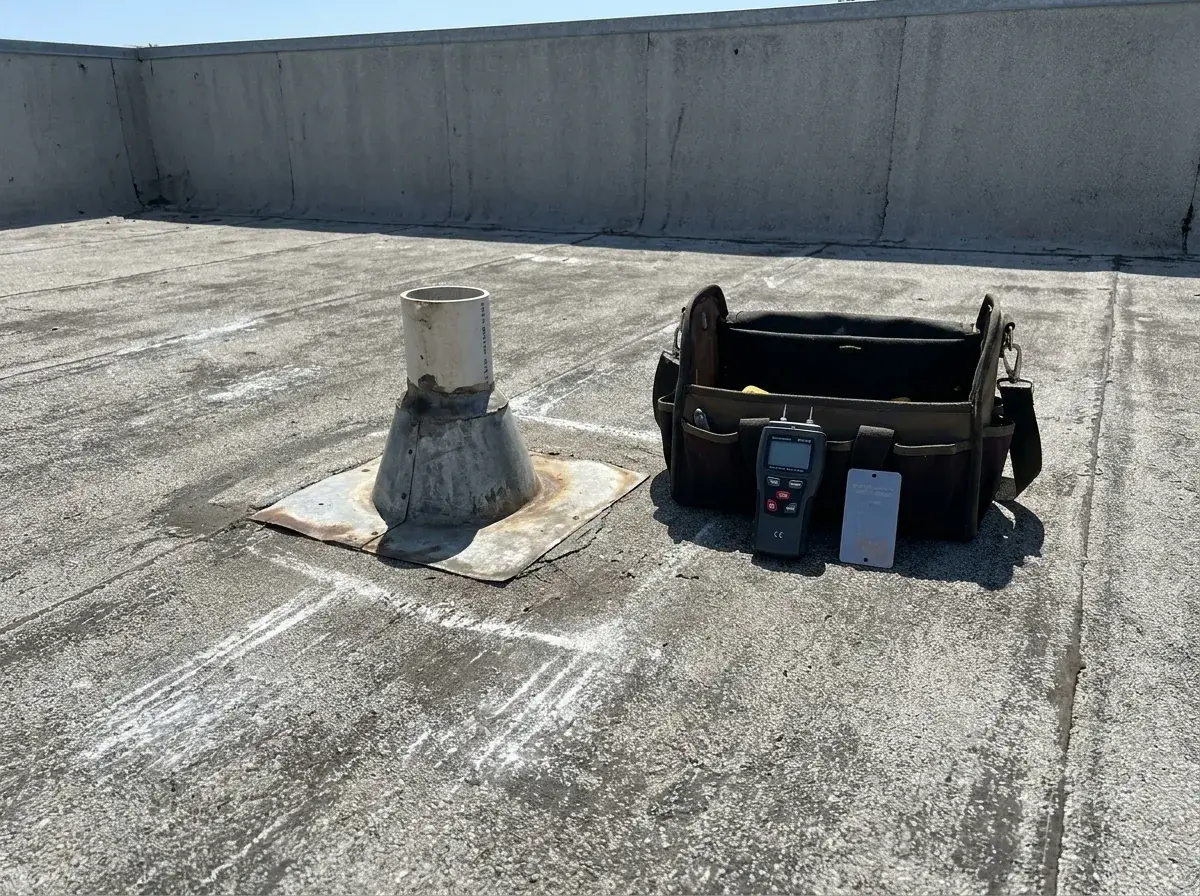 Technician inspecting a flat roof penetration with an open tool tote showing moisture-testing tools