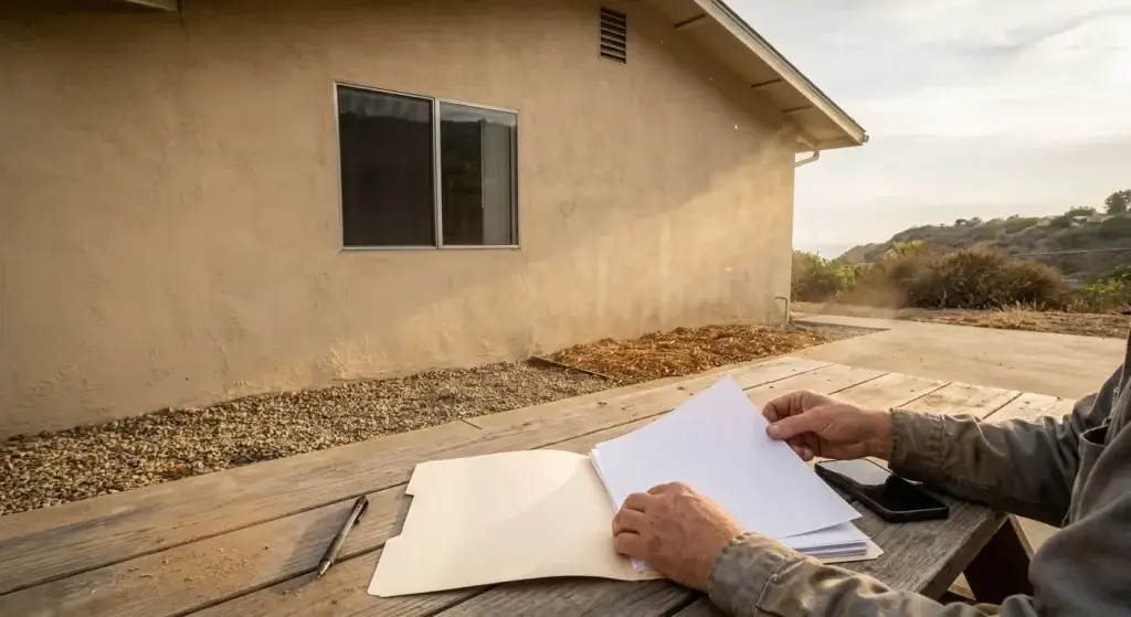 Hands reviewing a blank disclosure packet on a patio table with a stucco hillside home and eave vent behind