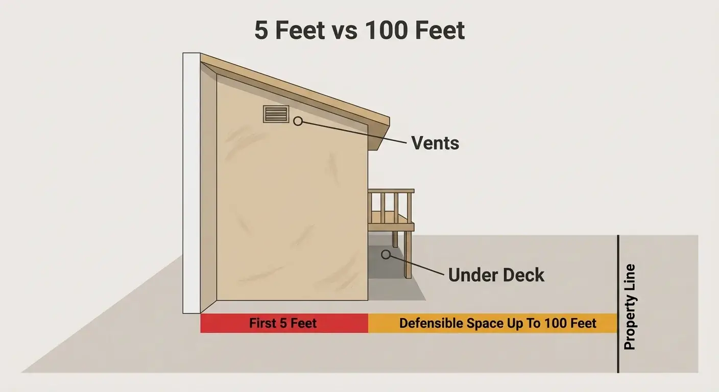 Diagram showing the first 5 feet next to a house versus defensible space out to 100 feet ending at the property line