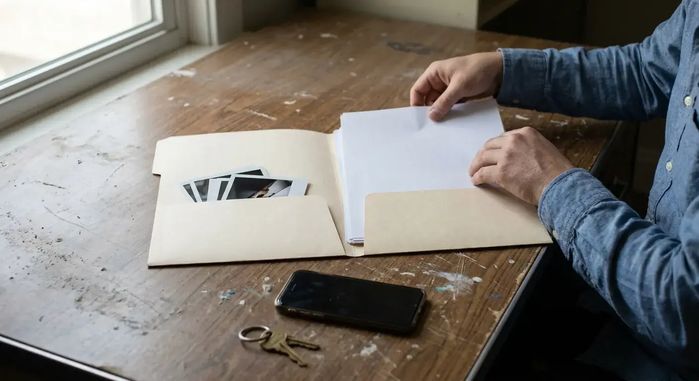 Open folder on a desk holding blank paperwork and face-down photos, suggesting a documentation file for a home sale