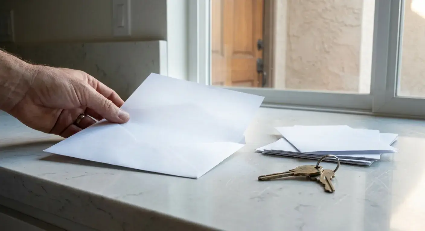 Opened envelope and keys on a kitchen counter beside blank paperwork, suggesting consequences of missed disclosure