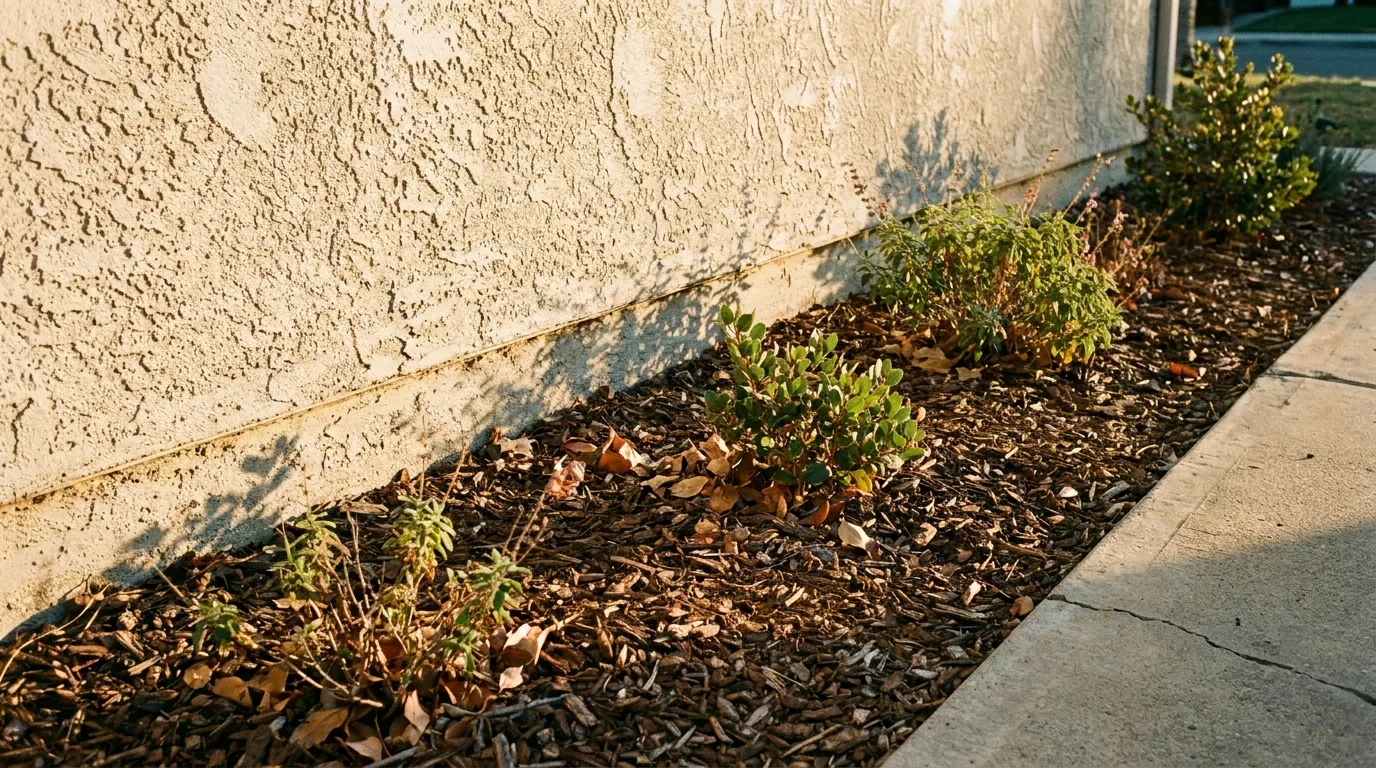Homeowner photographs mulch and plants near a stucco wall as part of an LA County defensible space checklist.