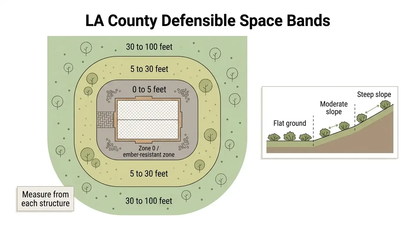 Top-down diagram showing 0–5, 5–30, and 30–100 foot defensible space bands around a house.