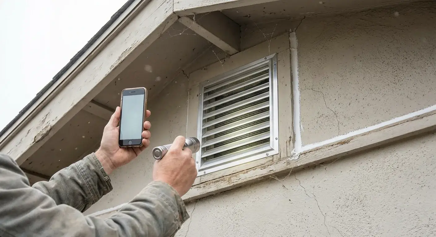 Close-up of an attic vent near the eaves showing fine metal mesh while a phone documents the condition.