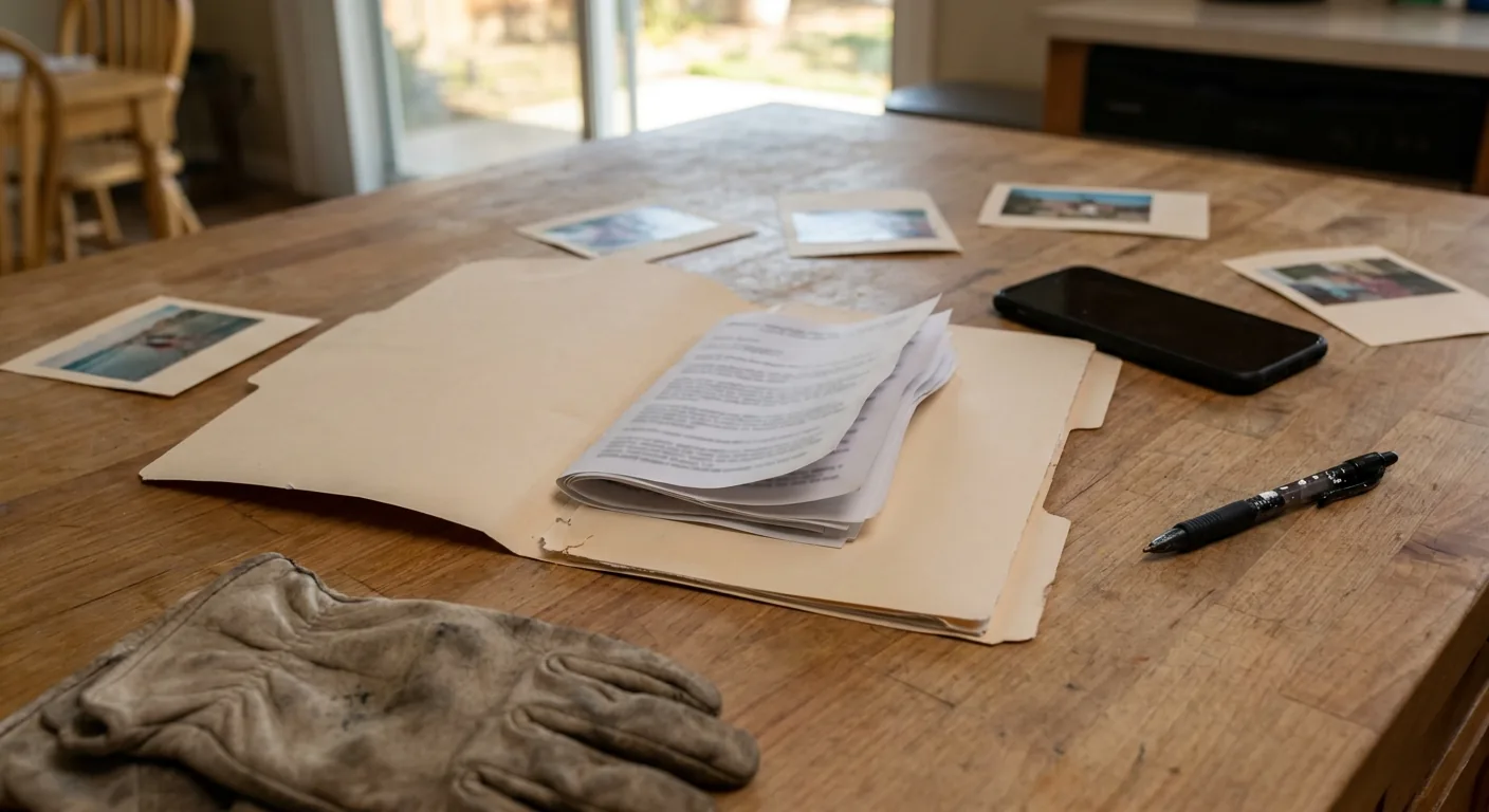 Organized inspection record setup with a folder of papers, photo printouts, gloves, and a phone on a desk.