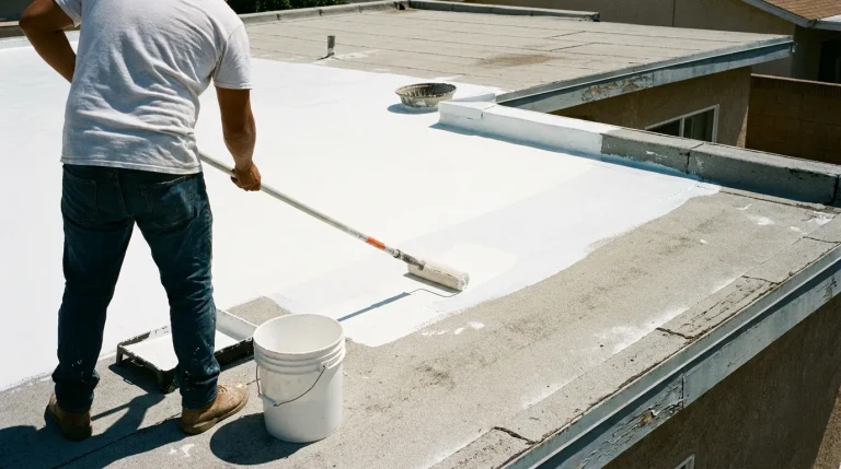Roofer rolling white elastomeric coating on a low-slope roof near a drain and parapet corner.