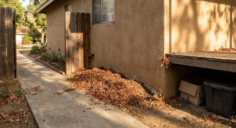 Side-yard corner of a stucco home showing mulch, a fence connection, and stored items within five feet of the wall.