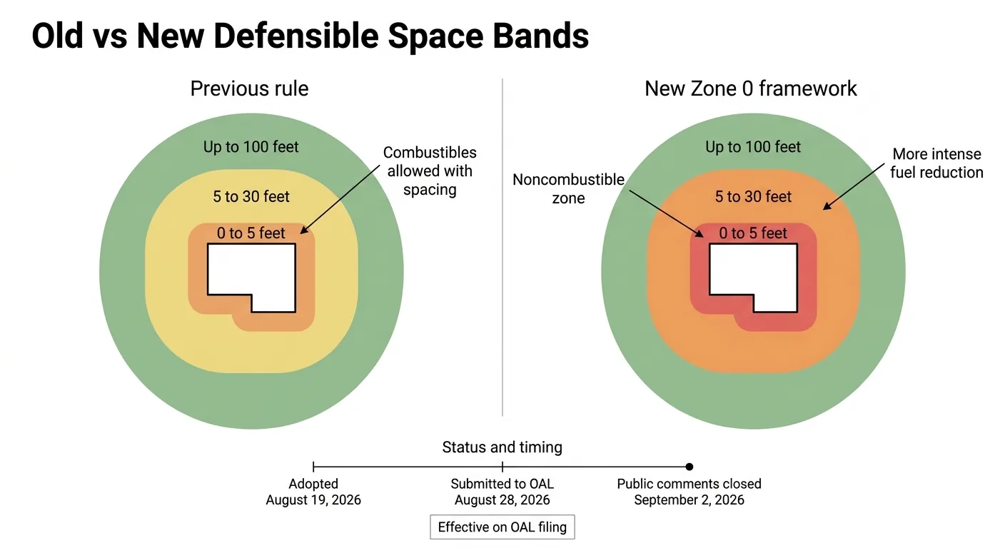 Two-panel diagram comparing previous defensible-space bands to the new Zone 0 framework with dates and distances.