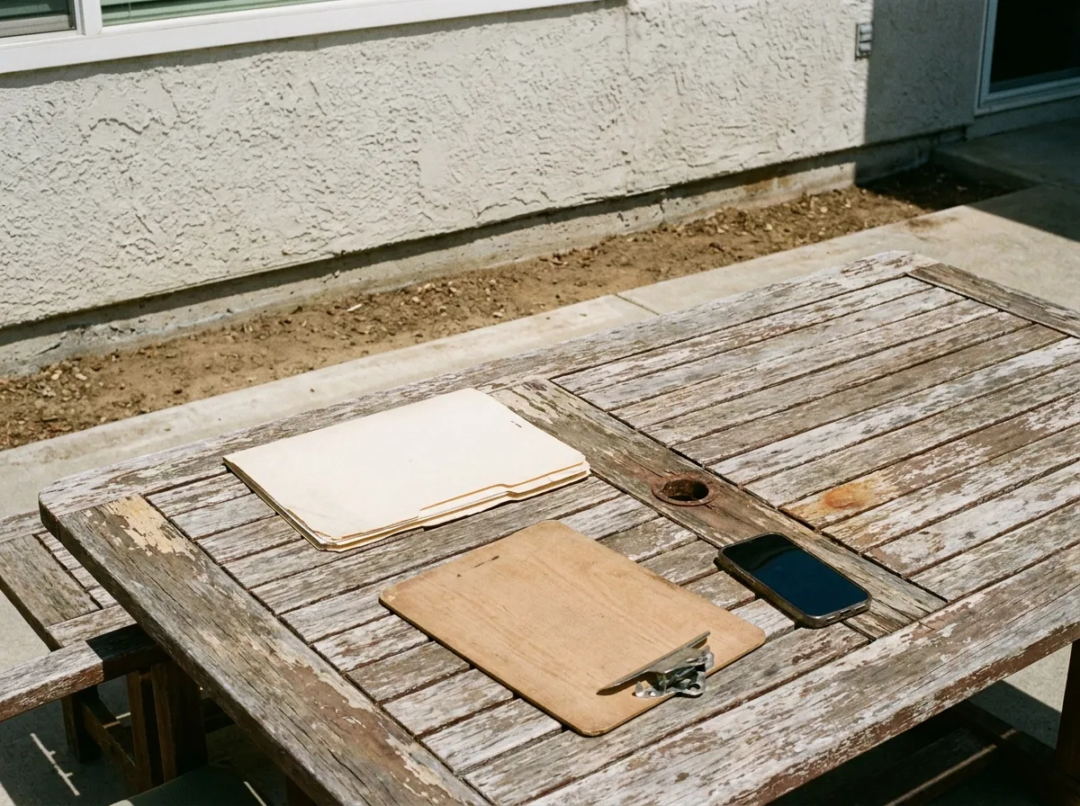 Patio table with paperwork and phone while a cleared, mulch-free strip is visible along the home’s exterior wall.