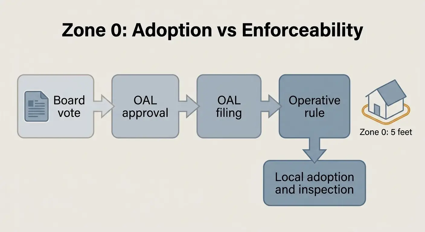 Flow diagram showing Board vote, OAL approval, OAL filing, and operative rule, with a small Zone 0 five-foot ring.