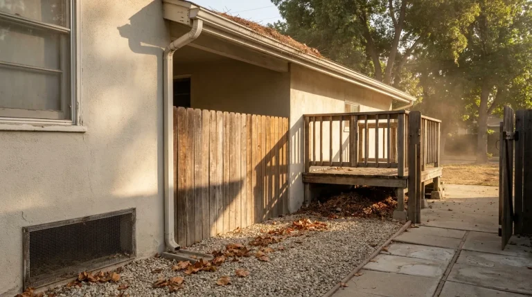 Stucco home corner showing leaf-filled gutter, wall vent, fence meeting siding, and leaf litter under a small deck.