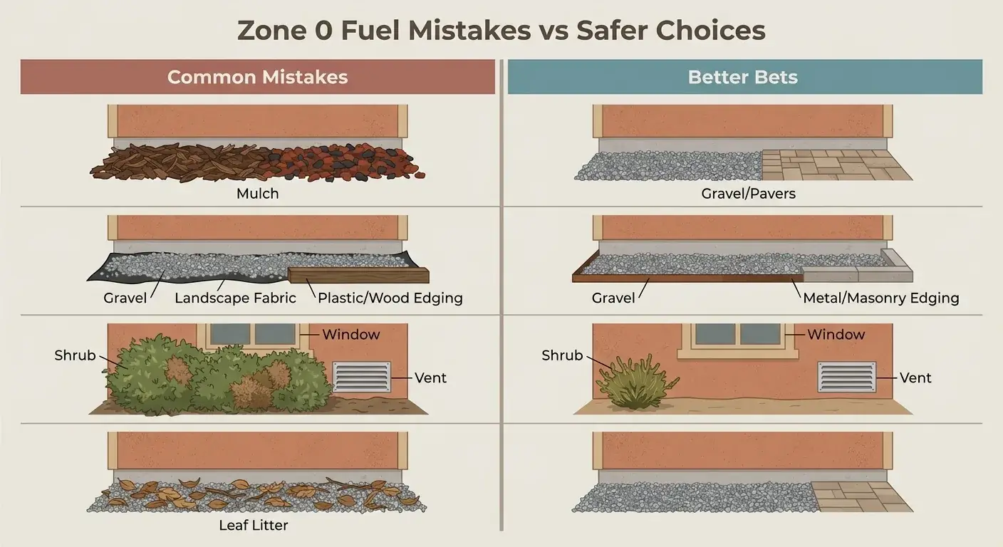 Infographic comparing Zone 0 mulch and plant mistakes with safer hardscape and noncombustible edging choices.