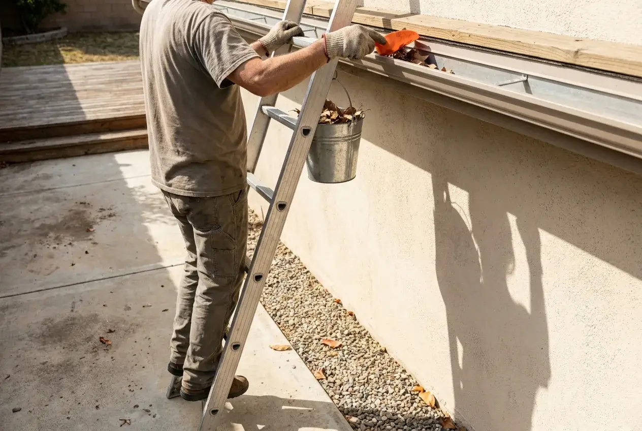 Homeowner on a ladder cleaning dry leaves from a gutter above a gravel Zone 0 strip along a stucco wall.