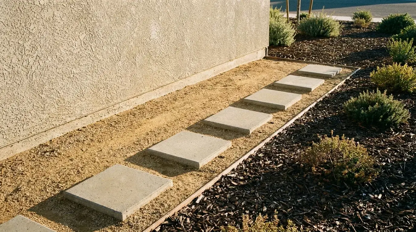 A stucco home wall with a 5-foot gravel Zone 0 strip marked by five square pavers, with plants starting beyond it.