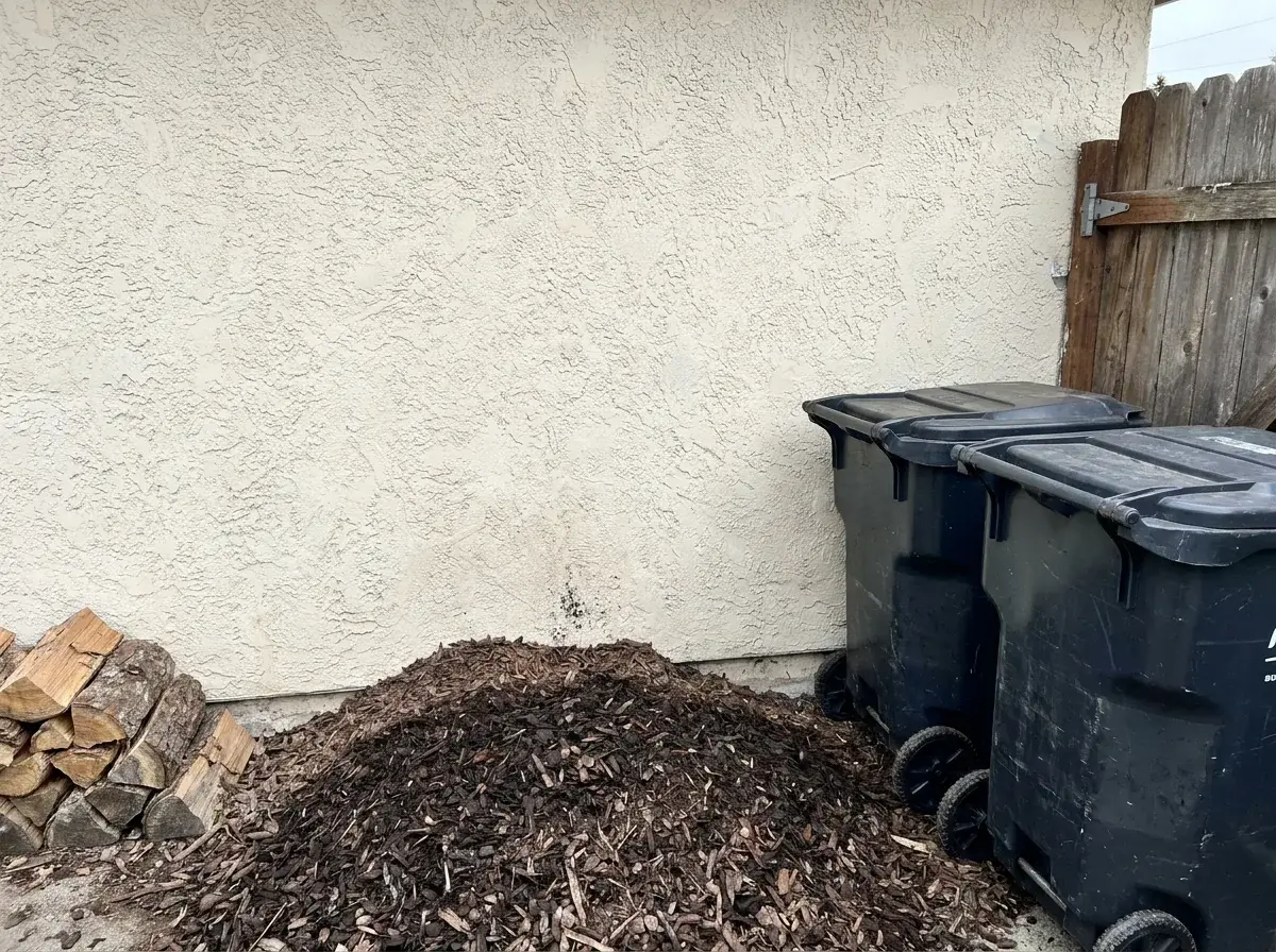 Common Zone 0 mistakes: mulch, firewood, bins, and an attached wood fence stored directly against a stucco wall.