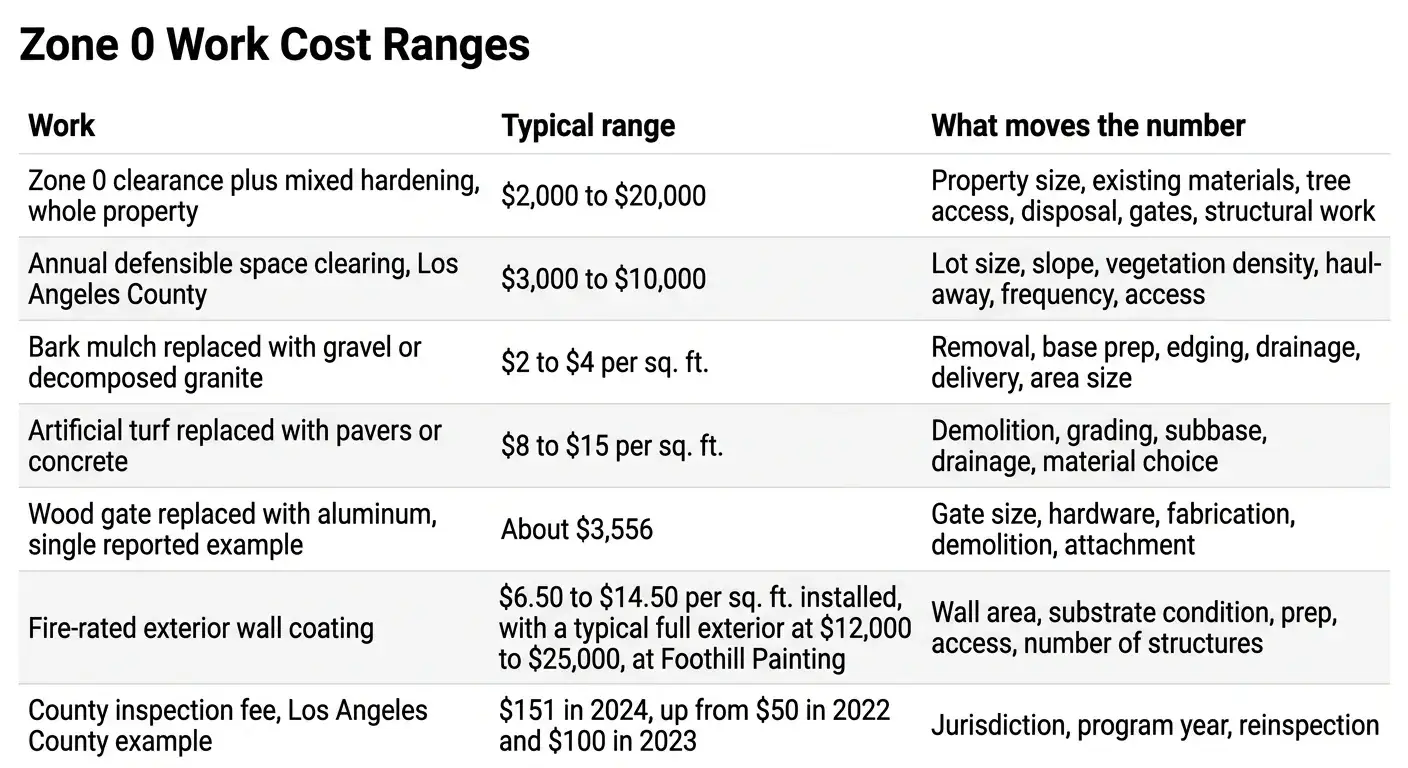 Table of typical Zone 0 work cost ranges and the factors that drive pricing.