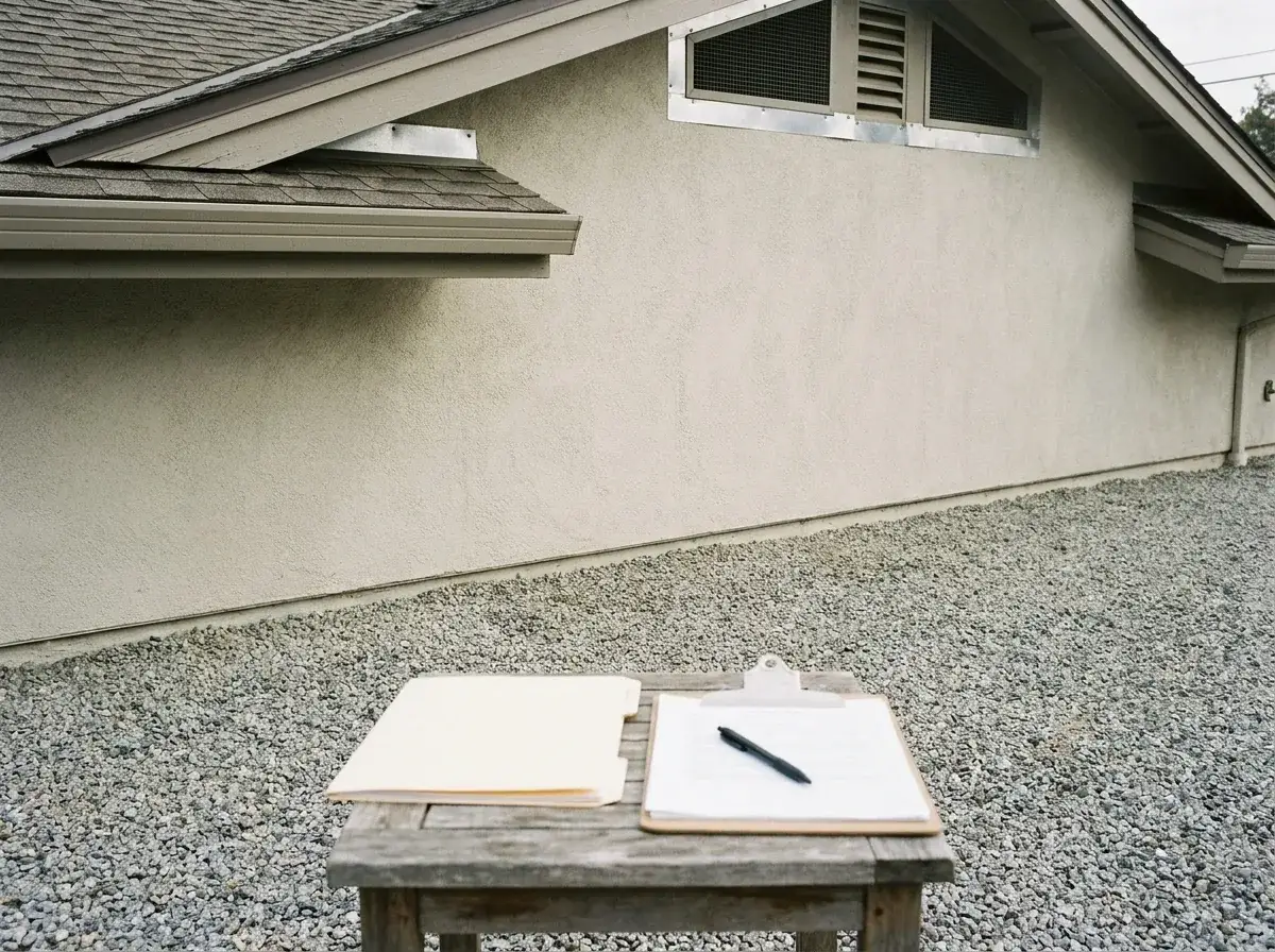 Hands photographing a cleared gravel Zone 0 strip beside a stucco wall, with paperwork on a porch table for documentation.